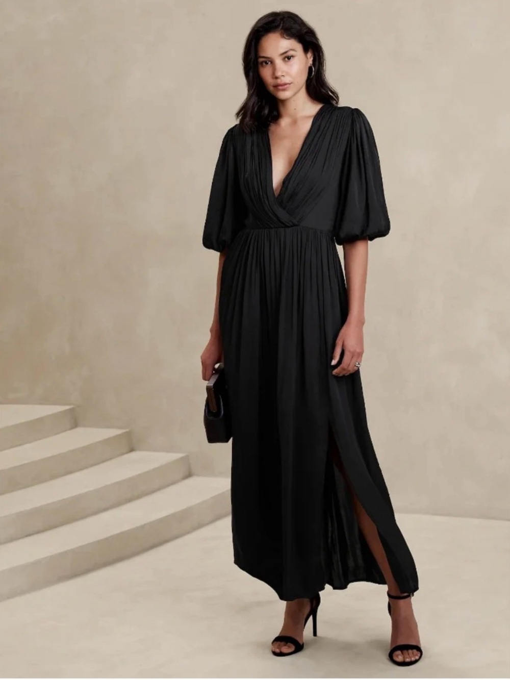 Banana Republic Black Pleated V-Neck Midi Dress